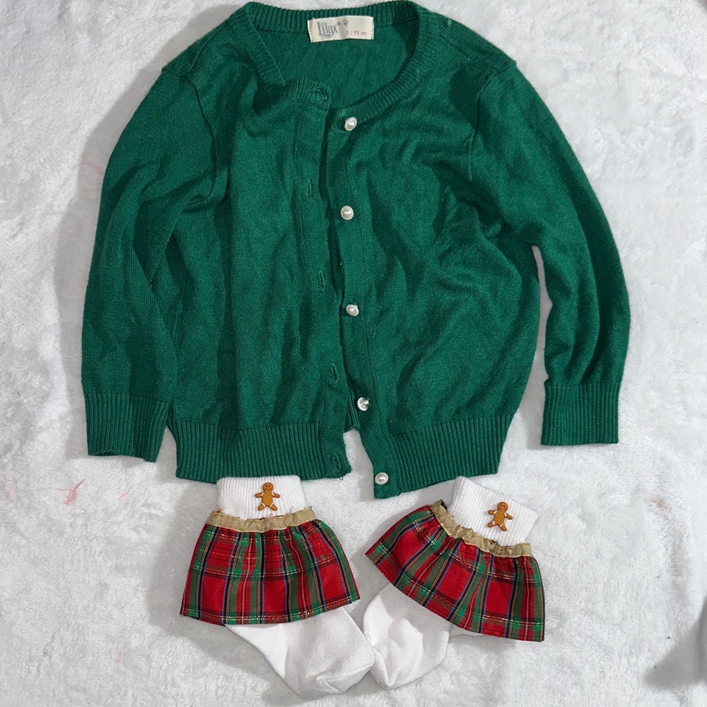 NWOT Plaid ruffle Socks ginger man embellishment & green pearl button cardigan 2